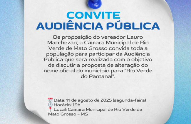Câmara Municipal convoca população para audiência pública sobre mudança do nome da cidade