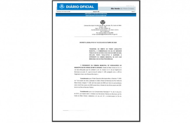 C&acirc;mara Municipal transfere comemora&ccedil;&atilde;o do Dia do Servidor P&uacute;blico para 30 de outubro